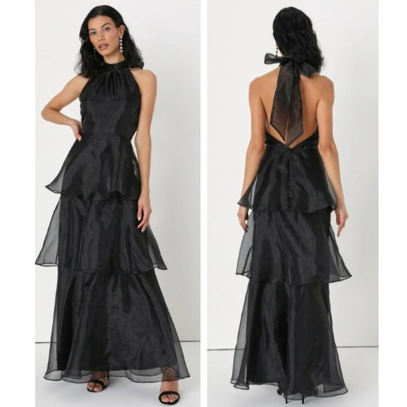 Lulu's Black Tiered Organza Halter Maxi Dress Sz L - Picture 1 of 17